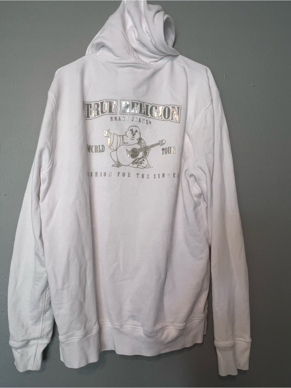 True Religion White Crewneck Hoodie with Metallic Graphic